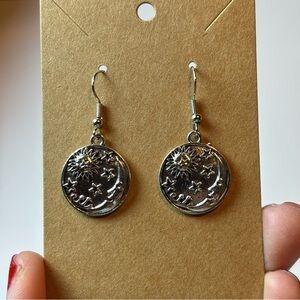 Sun Moon Stars Silvertone Crescent Moon Sun Dangle Earrings Cosmic Moon Jewelry